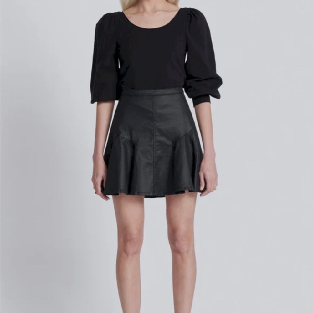 Coated Mini Skirt in Rabbit Hole | Black Coated Leather Shiny Mini Skater Skirt